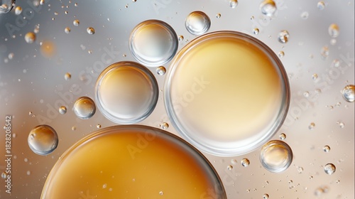 Abstract Golden Bubbles Floating in Clear Liquid with Soft Background