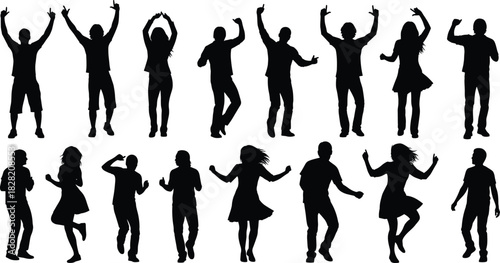 Large Group of Dancing People Silhouettes: Men and Women Celebrating with Arms Raised, Jumping, and Partying Representing Joy, Freedom, and Nightlife,