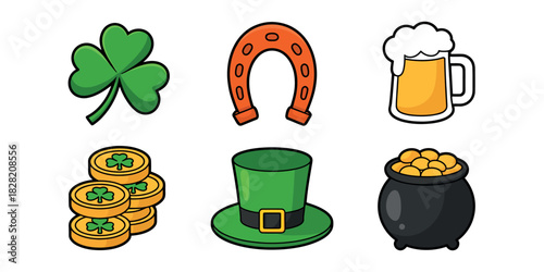 St patrick's day themed icons featuring a shamrock horseshoe beer coins hat pot