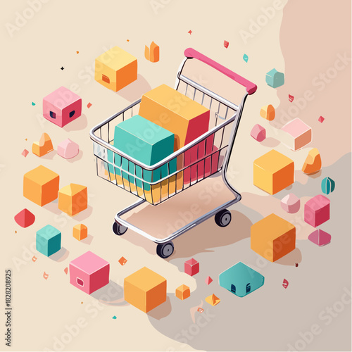 Shopping cart filled with colorful cubes, surrounded by scattered blocks and a warm, inviting background, perfect for e-commerce and retail concepts