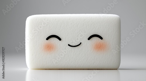 Cute white sponge with a smiling face on a clean surface