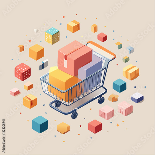 A vibrant isometric shopping cart overflowing with colorful packages and parcels, symbolizing e-commerce, online orders, and global shipping