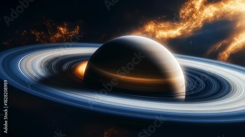 Majestic Saturn Planet with Rings and Golden Nebulae Background in Deep Space