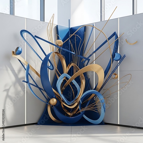 Sophisticated interior art installation with golden accents and blue hues