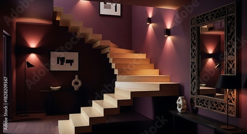 Sophisticated Interior View Showcasing Floating Stairs and Ambient Lighting