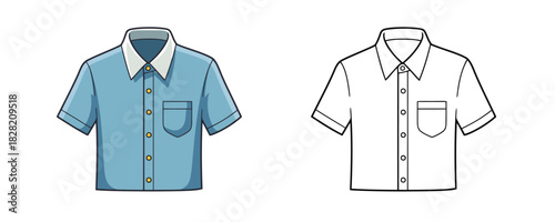 Light blue short-sleeved collared shirt in a cartoon style, shown next to an identical black and white line art outline