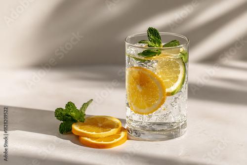 mocktail styling, dry january tableau crystal glass with sparkling water, citrus slices, mint leaves clean, refreshing, wellness-focused setup