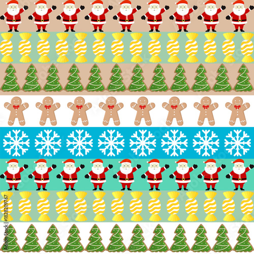 Cute Christmas seamless pattern with Santa Claus, gingerbread man, tree cookies, and snowflakes, festive winter holiday vector background for wrapping paper