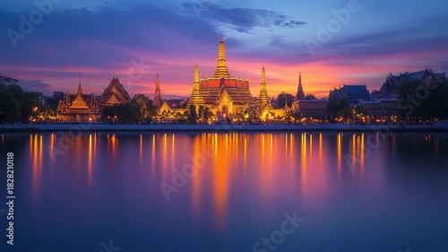 Stunning Sunset over Wat Arun and Chao Phraya River in Bangkok, Thailand