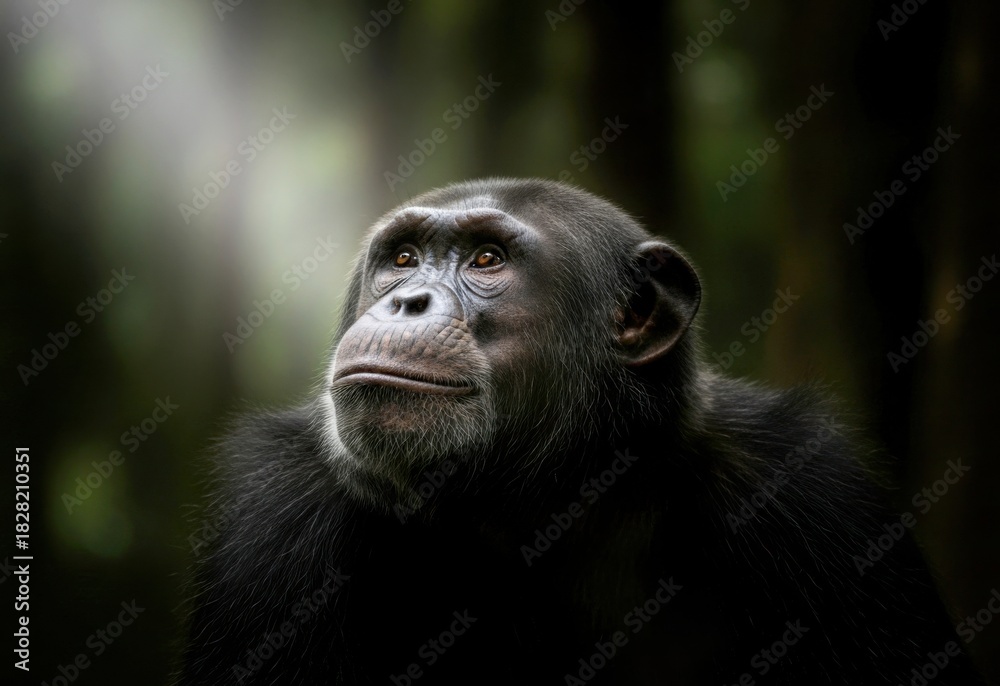 Fototapeta premium Poignant portrait of a majestic primate with soulful gaze upward bathed in ethereal beams urging conservation
