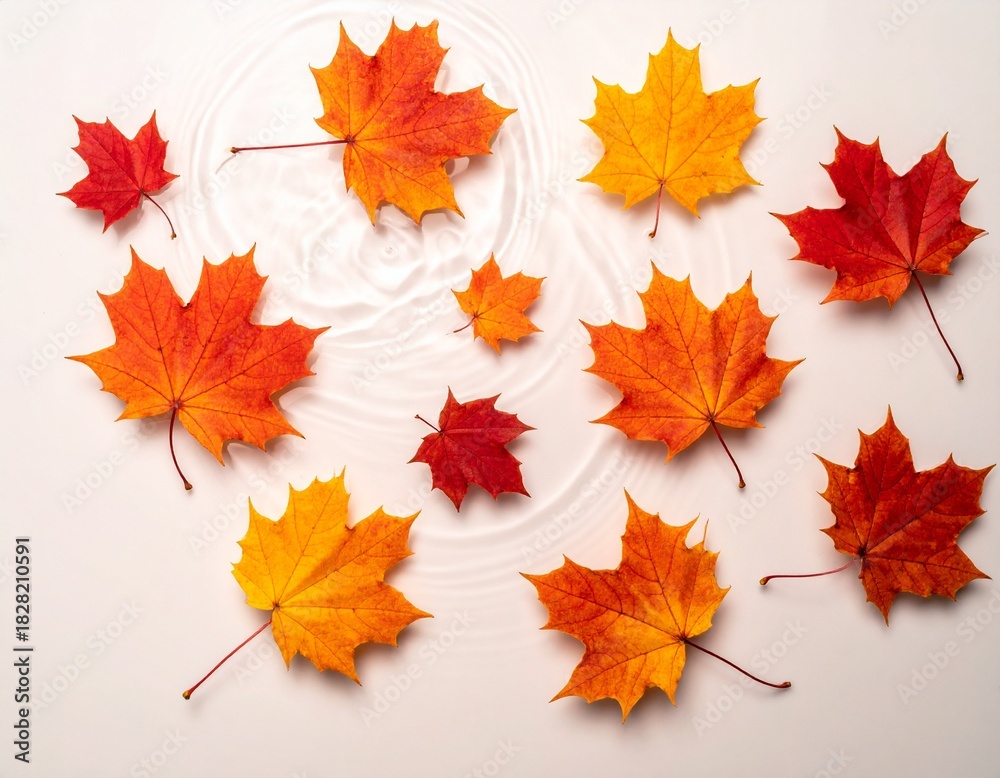 Fototapeta premium ・水面を俯瞰した紅葉散りばめアート（秋の静けさ） ・Top-Down Autumn Water Surface with Scattered Maple Leaves