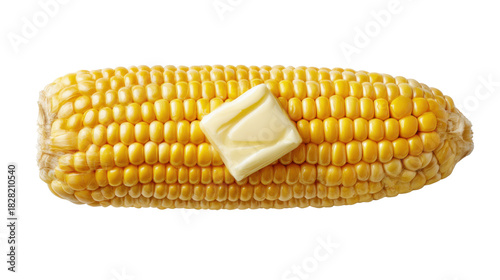 A single corn with cube of butter isolated on white background 