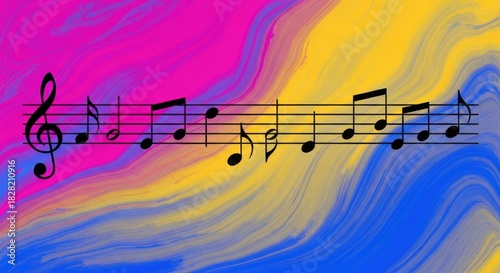 Series of melodic symbols representing a classical composition isolated on vivid hues