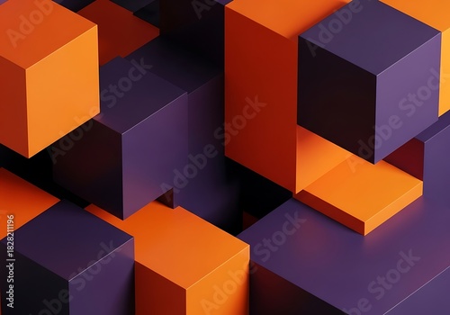 Fototapeta Naklejka Na Ścianę i Meble -  Geometric arrangement of orange and violet cubes in a 3D construction