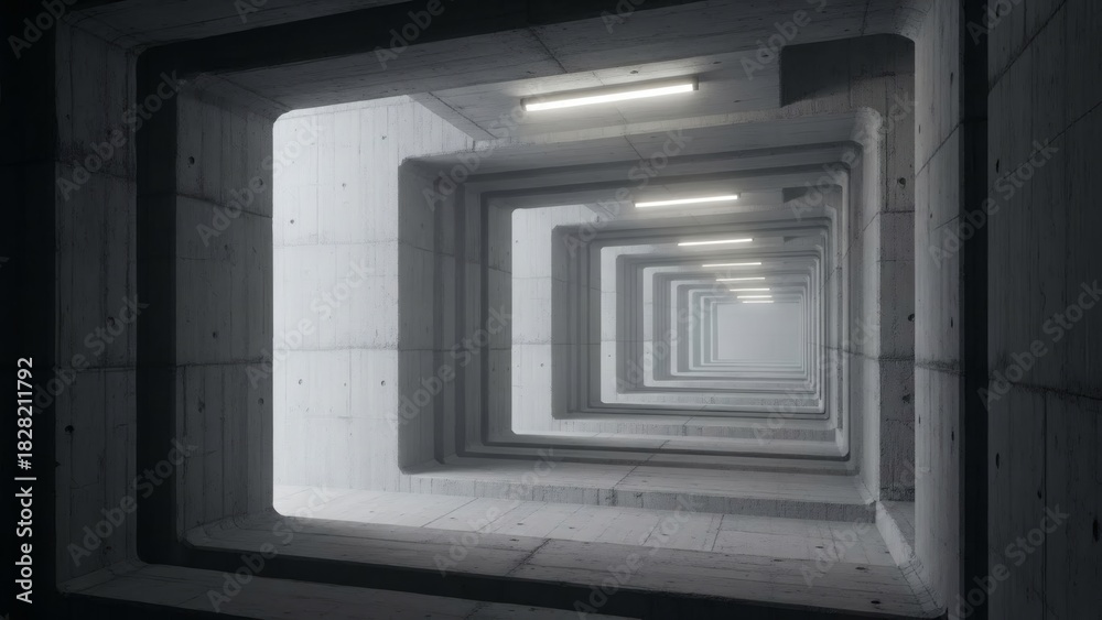 Fototapeta premium Deep Liminal Space: Infinite Tunnel of Brutalist Concrete Architecture