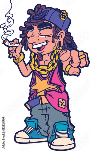 HIP-HOP GANGSTER CHARACTER WITH CIGARETTE, CAP AND CHAIN