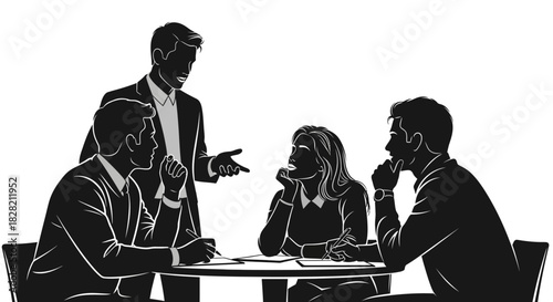 Four business people in silhouette around a table, one standing and gesturing, others listening and writing