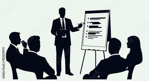Silhouettes of business people in a meeting, with one presenting at a flipchart to an attentive audience