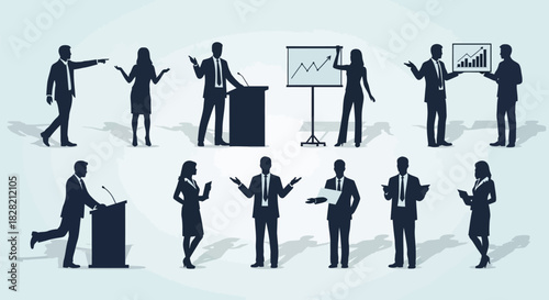 Silhouettes of diverse business people in various professional poses, including presentations and discussions