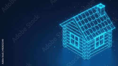 Fototapeta Naklejka Na Ścianę i Meble -  Digital wireframe illustration of a rustic log cabin with glowing blue accents on a dark background