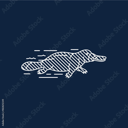 A minimalist white line art illustration of a swimming platypus on a dark blue background.