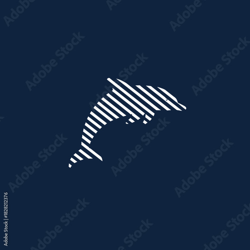 A minimalist white dolphin silhouette composed of thin horizontal stripes on a dark blue background.