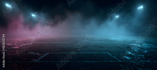 textured soccer game field with neon fog - center, midfield