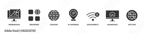 From Domain to Design Icons set vector illustration glypph with Webdesign, Browser, Domain, Ip address, Disconnect, Homepage, Offline