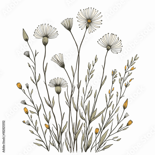 Elegant hand-drawn botanical illustration of delicate wildflowers with thin stems and unique puffball blossoms in a muted color palette
