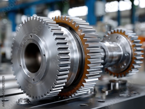 Two silver gears are positioned on a gray metal surface in a blurred industrial setting