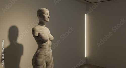 Fototapeta Naklejka Na Ścianę i Meble -  Layered sculpture casts a shadow in a minimalist room with a vertical light
