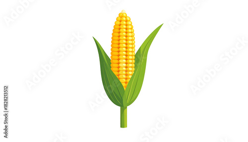 A single ear of bright yellow corn with green husks and a stalk, on black