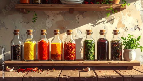 Fototapeta Naklejka Na Ścianę i Meble -  Assortment of glass spice jars lined on a wooden shelf, alongside a countertop with herbs, and peppers. Sunlight casts shadows