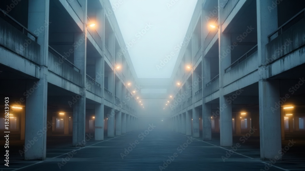 Fototapeta premium Eerie Liminal Space: Foggy Empty Multi-Story Parking Garage with Glowing Lights