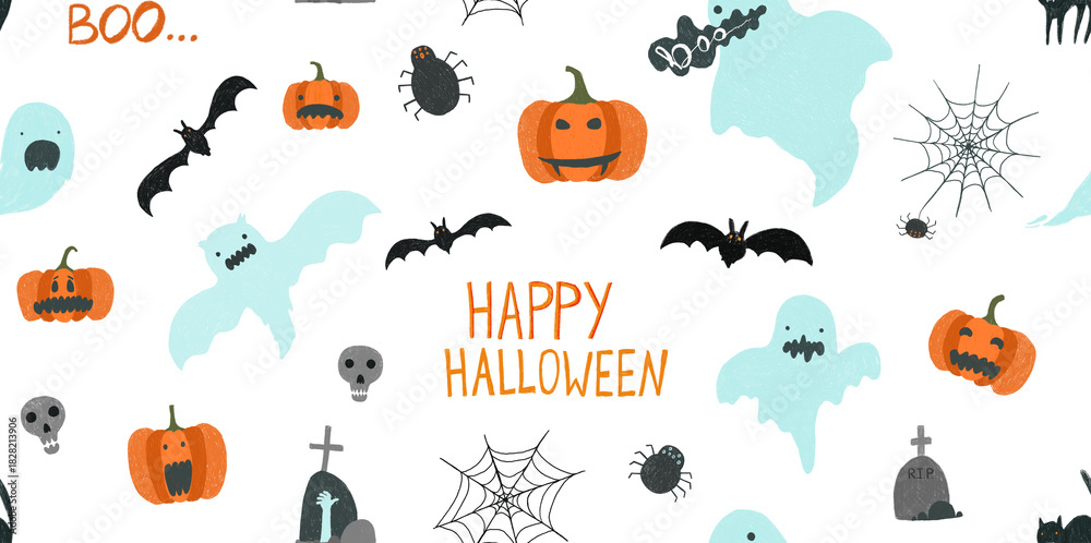 Fototapeta premium Cute crayon pencils drawing Halloween Party seamless pattern. Bright cartoon ghosts, pumpkins, skulls, bats, spiders, cat print for greeting cards design, kids textile, banners decor, holiday flyer