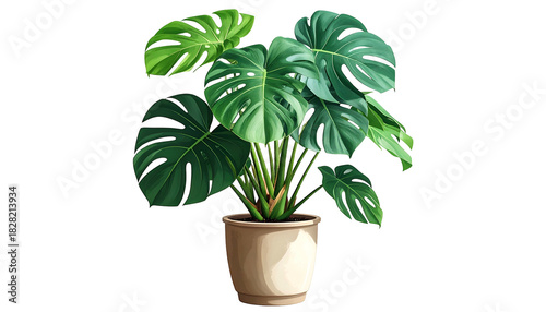 A digitally painted Swiss cheese plant in a neutral pot against a black background