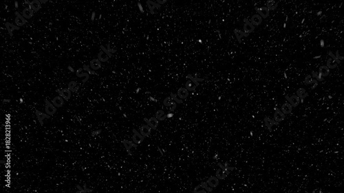 Blizzard of snow falling swiftly with swirling gusts against inky black sky perfect for winter scenes, weather effects, and holiday magic