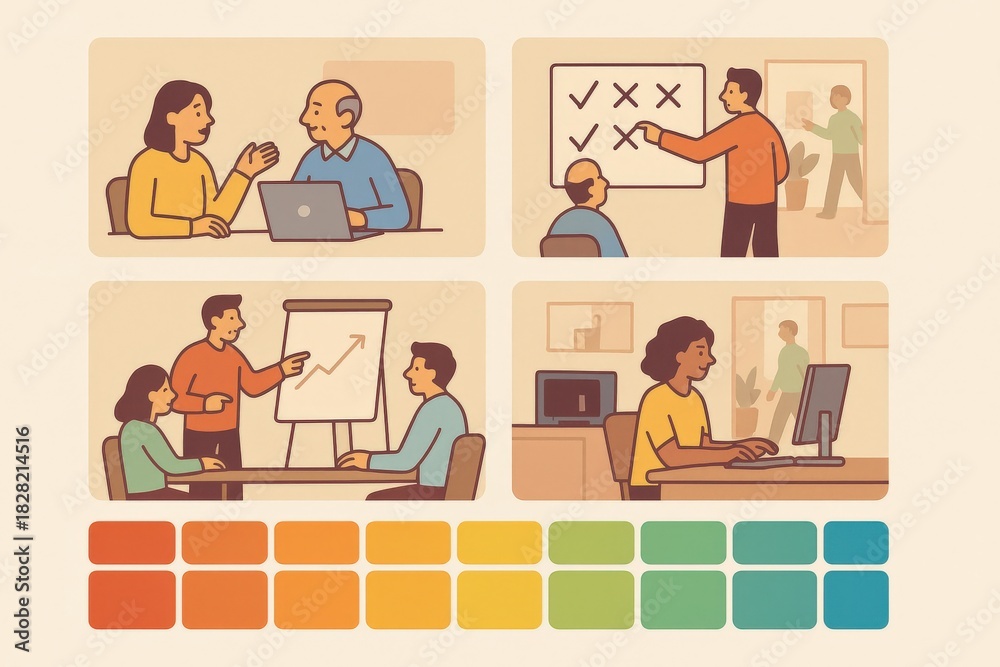 Fototapeta premium Collaborative decision making in a modern workspace showcasing diverse individuals engaged in discussions and presentations reflecting teamwork concepts and professional growth