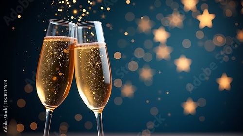 Two champagne glasses clinking in a festive toast against a sparkling blue background
