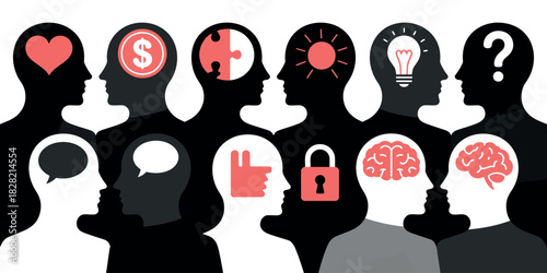 Illustration of diverse heads with symbols representing thoughts and emotions shown inside