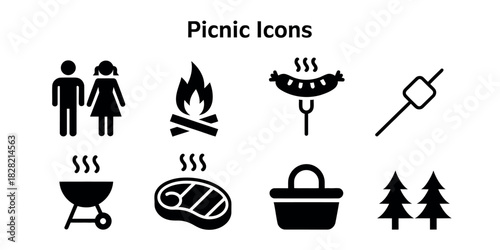 Illustration of picnic icons including a couple campfire food basket and trees icons