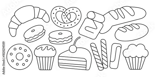 A variety of outline drawings of bakery items including bread pastries and desserts shown