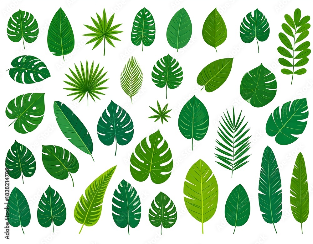 Fototapeta premium Assortment of stylized green leaves in various shapes and sizes, resembling tropical foliage