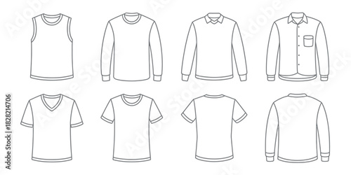 Illustrated outline of various shirts including t shirts long sleeve shirts and tank top