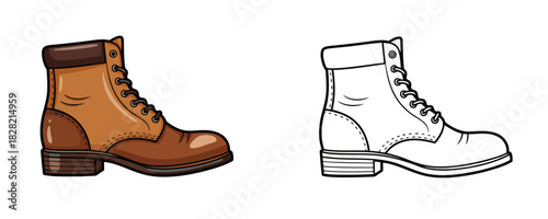 Brown leather lace-up work boot in a cartoon style, shown next to an identical black and white outline drawing
