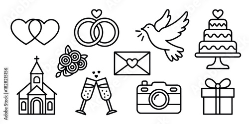 A collection of wedding themed line art icons including rings cake and church building
