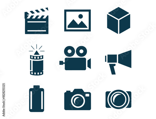 Illustration of a collection of media related icons in a grid arrangement on white