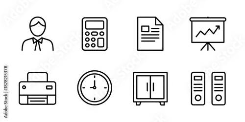 Line art icons depicting business and office elements arranged in a grid pattern