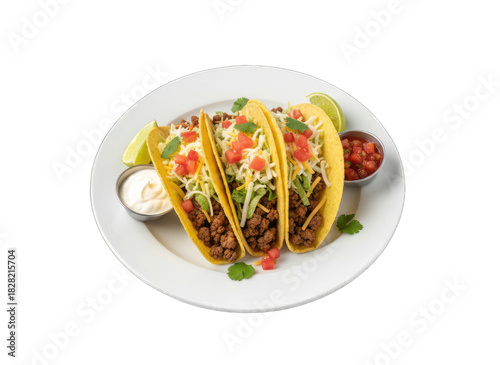 Three Tacos Filled With Seasoned Ground Beef Topped With Shredded Lettuce Cheese Diced Tomatoes And Cilantro Served On A White Plate With Sour Cream Salsa And Lime Wedges