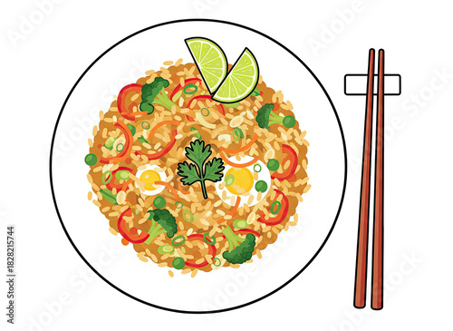 Top Down View Of A Delicious Fried Rice Dish Garnished With Lime Slices And Cilantro Served With Chopsticks on a White Plate Isolated on Black Background